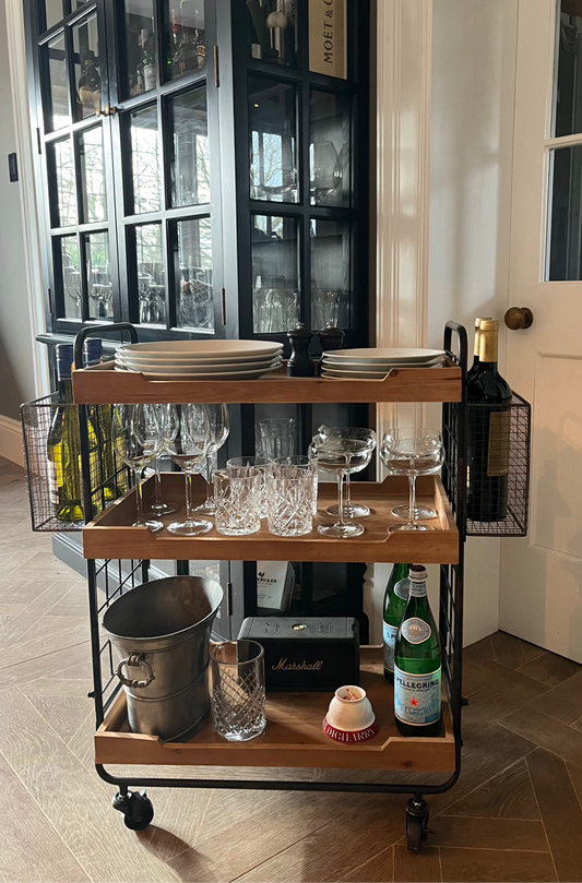 wood and metal trolley with wood trays and metal baskets on ends perfect for kitchen or office or bar