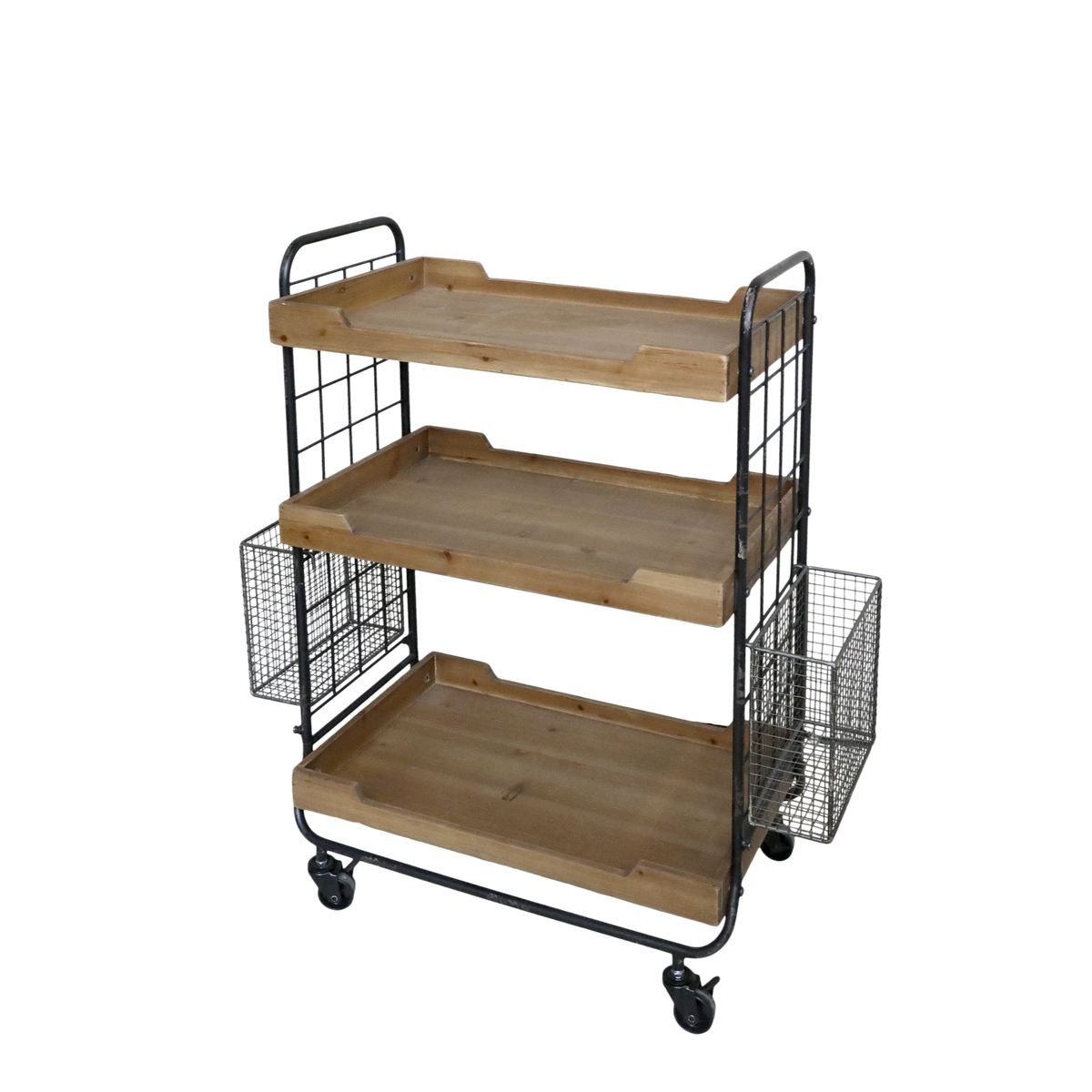 Wood and metal trolley with wood trays and metal baskets on ends perfect for kitchen or office