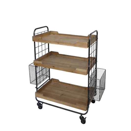 wood and metal trolley with wood trays and metal baskets on ends perfect for kitchen or office