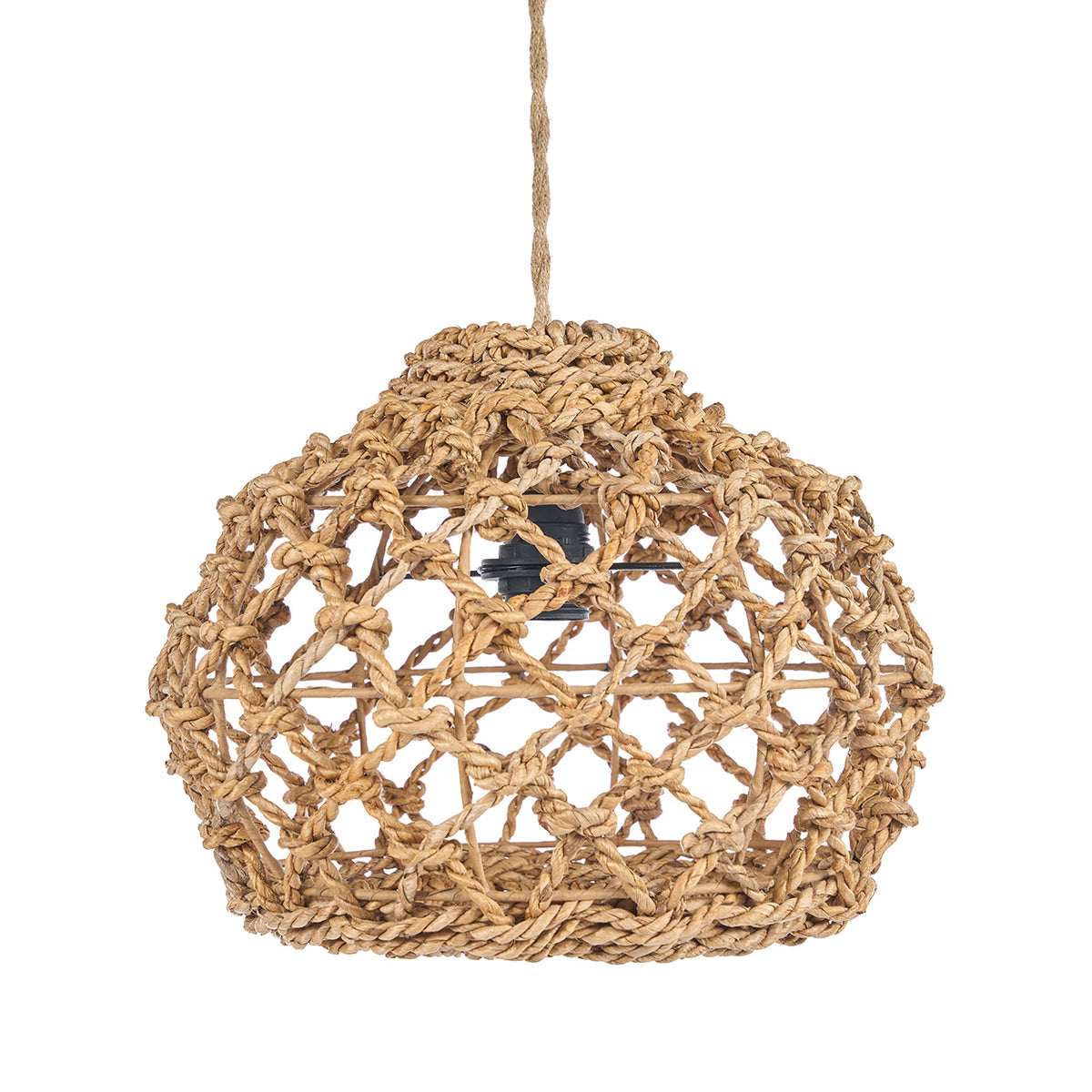Woven pendant light with natural rope texture on a white background