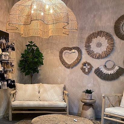 Oversized rattan chandelier light in modern rustic living room