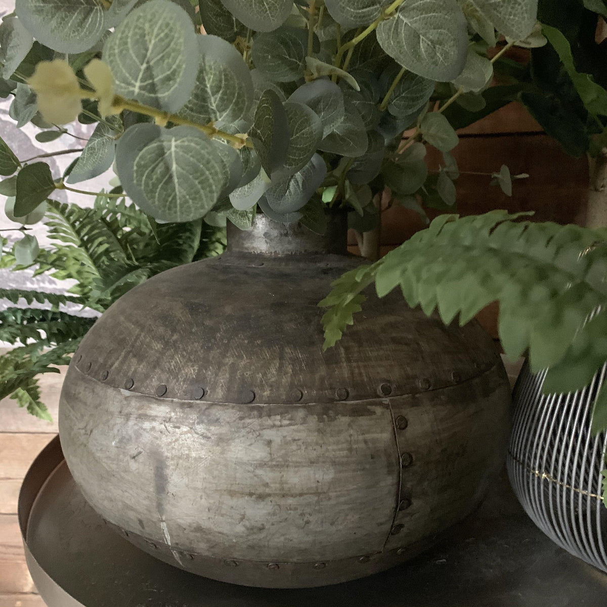 Antiqued iron vase flo & joe