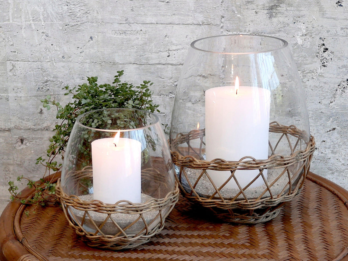 Glass & wicker hurricane lantern medium flo & joe