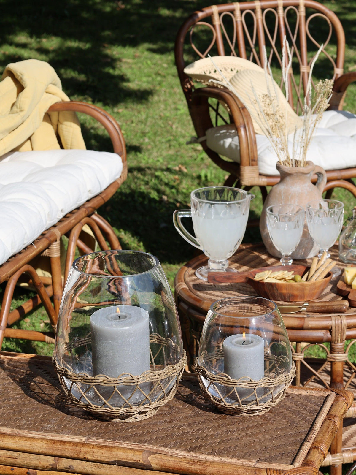 Glass & wicker hurricane lantern medium flo & joe
