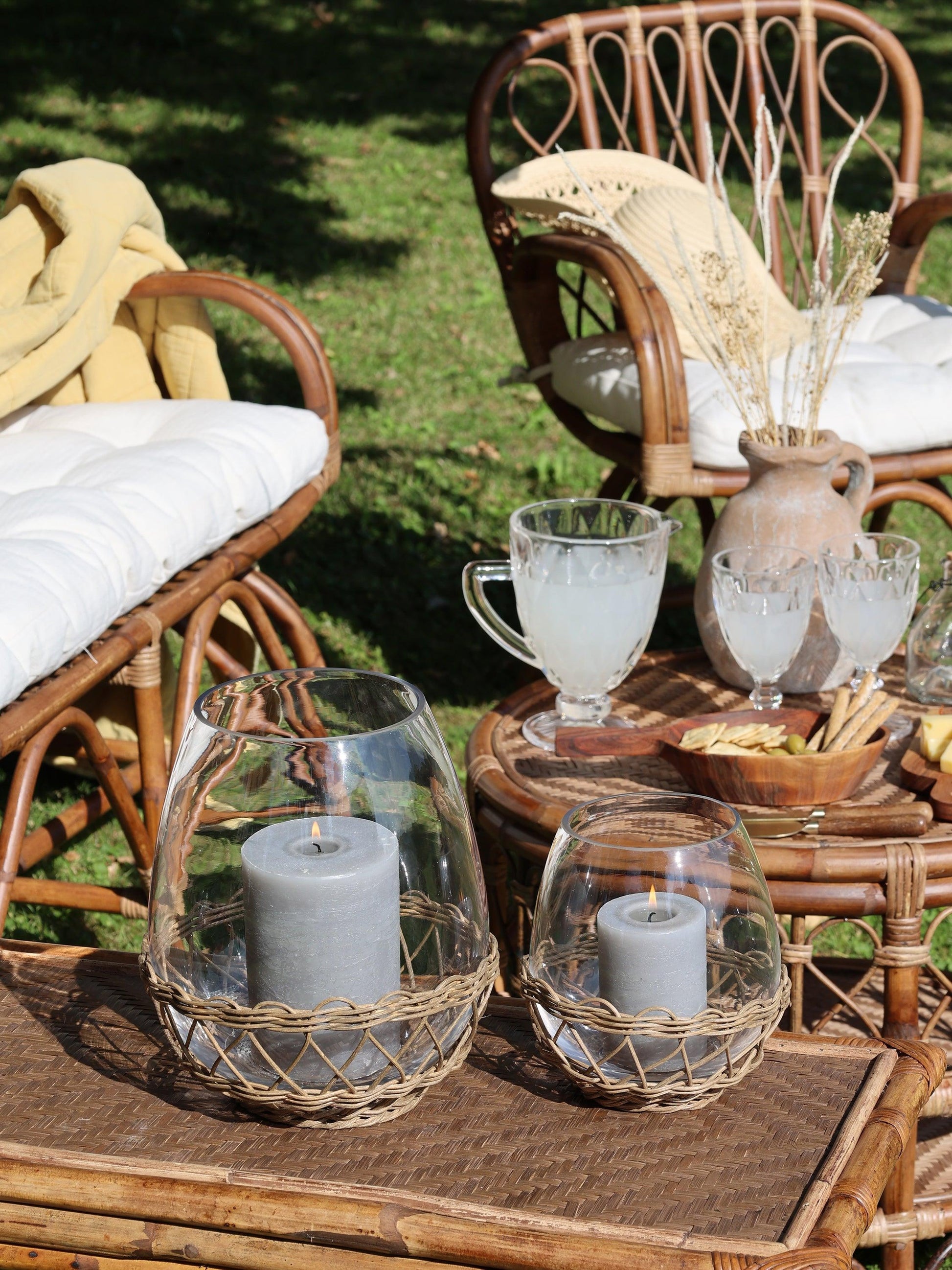 Glass & Wicker Hurricane Lantern - Medium - Flo & Joe