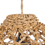 Close-up of a woven rope pendant light on a white background