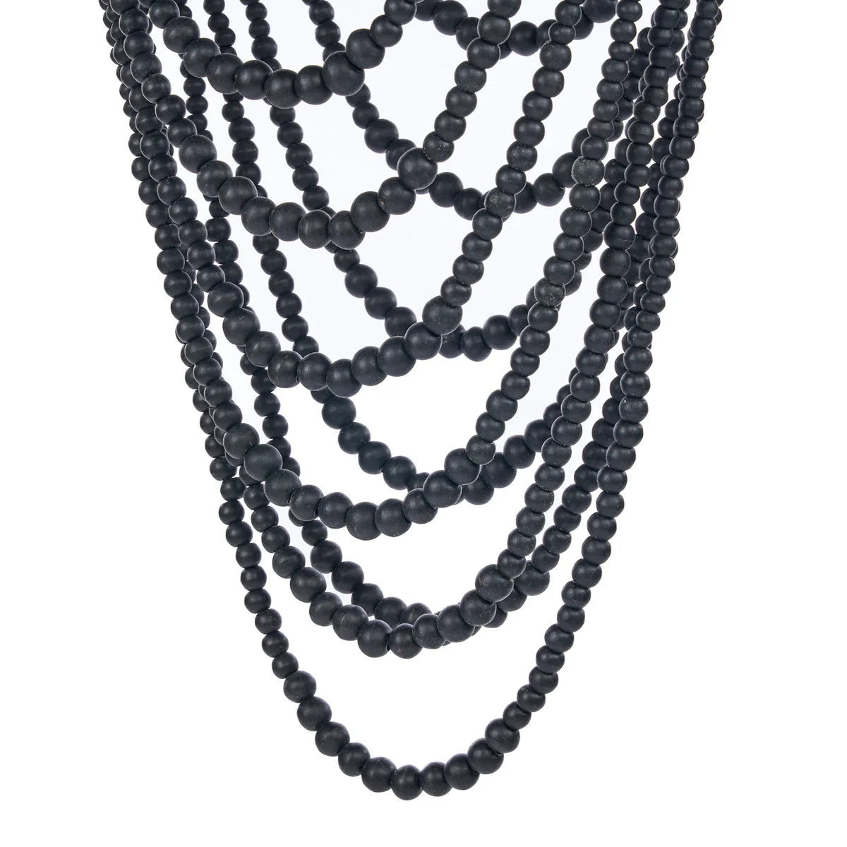 Multiple strands of black beaded chandelier pendant light on a white background