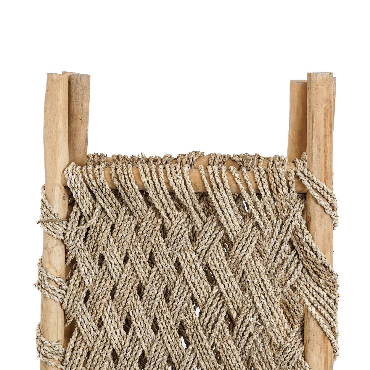 Woven macrame room divider screen with wooden frame on a white background