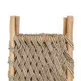Woven macrame room divider screen with wooden frame on a white background