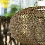 Woven rattan lampshades hanging against a blurred natural background