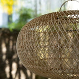 Woven rattan lampshades hanging against a blurred natural background