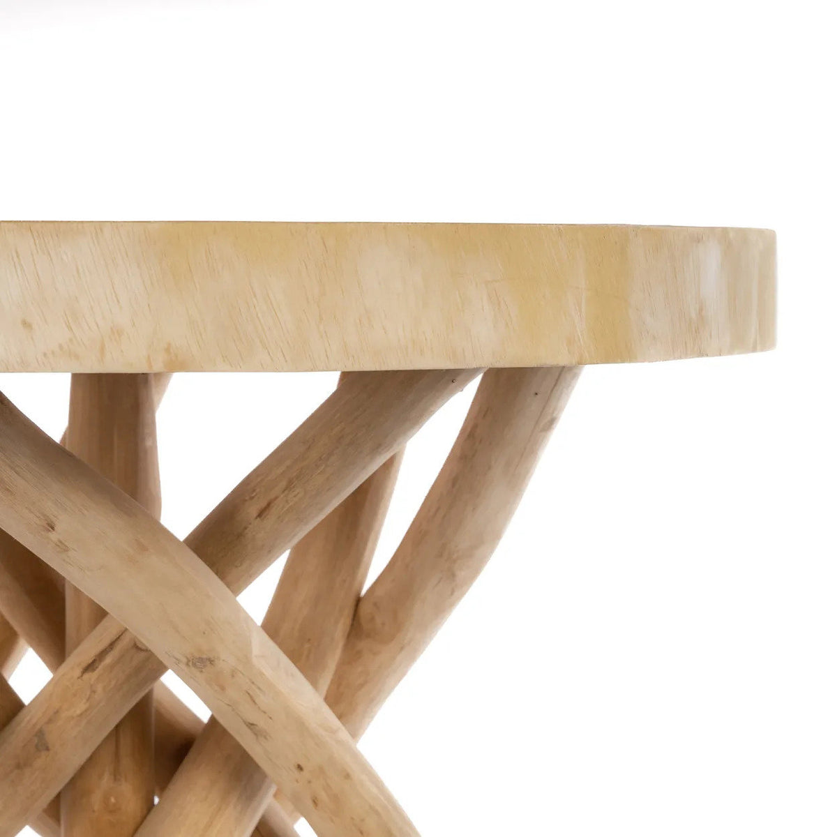 Woven wood table legs with solid round top