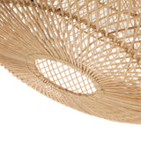 Close-up of a woven rattan wicker light shade  on a white background