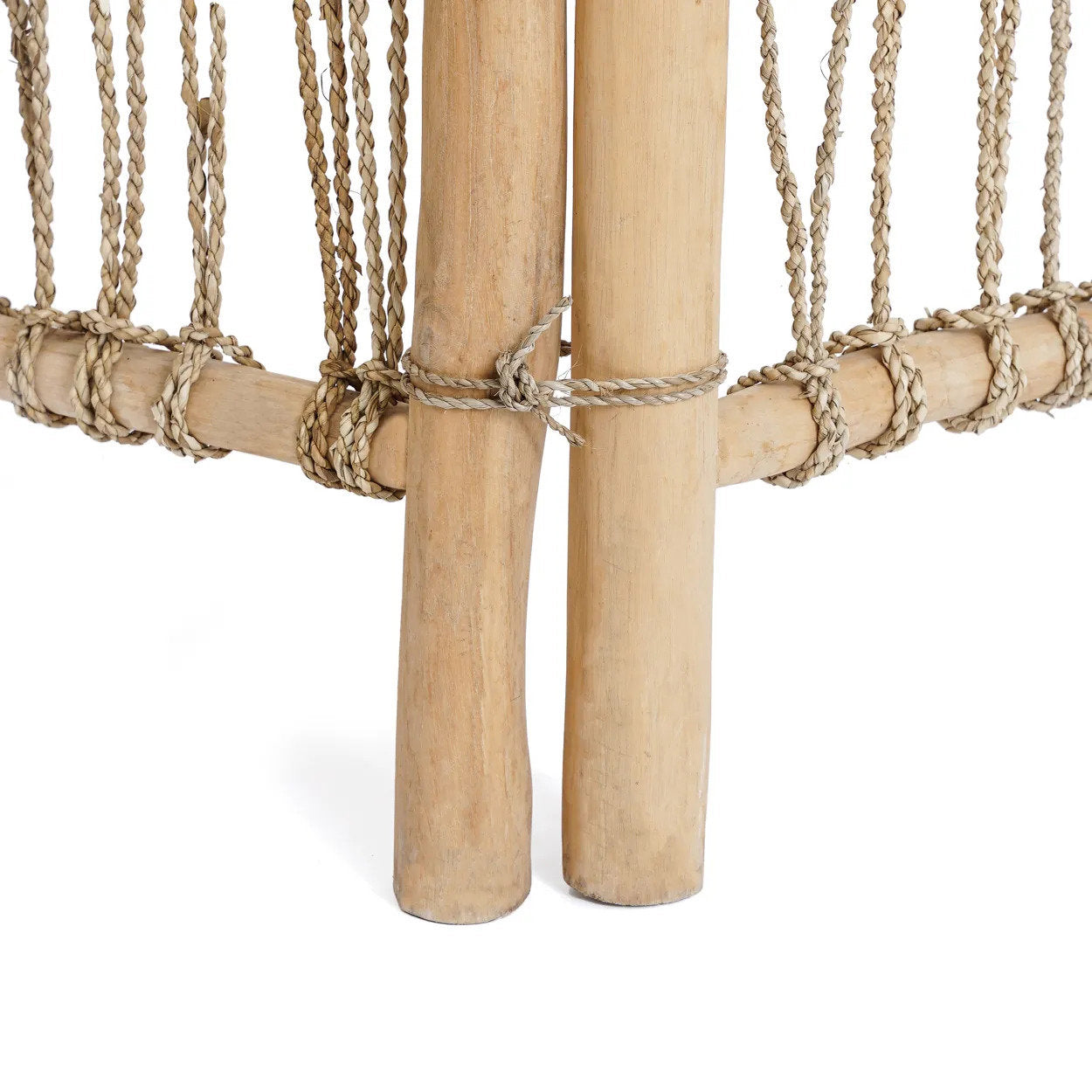 Close-up of a wooden woven panels of room divider screen  with rope seat on a white background