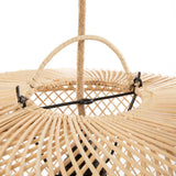 Close-up of a woven rattan ceiling light fixture with black metal accents on a white background.
