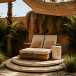Coconut fibre sunshade canopy in an outdoor garden setting 
