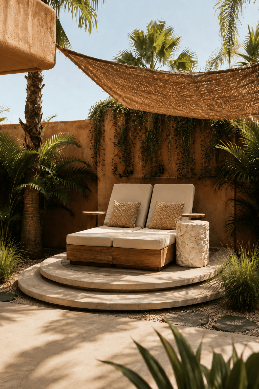 Coconut fibre sunshade canopy in an outdoor garden setting 