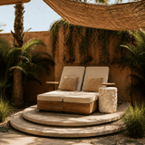 Coconut fibre sunshade canopy in an outdoor garden setting 