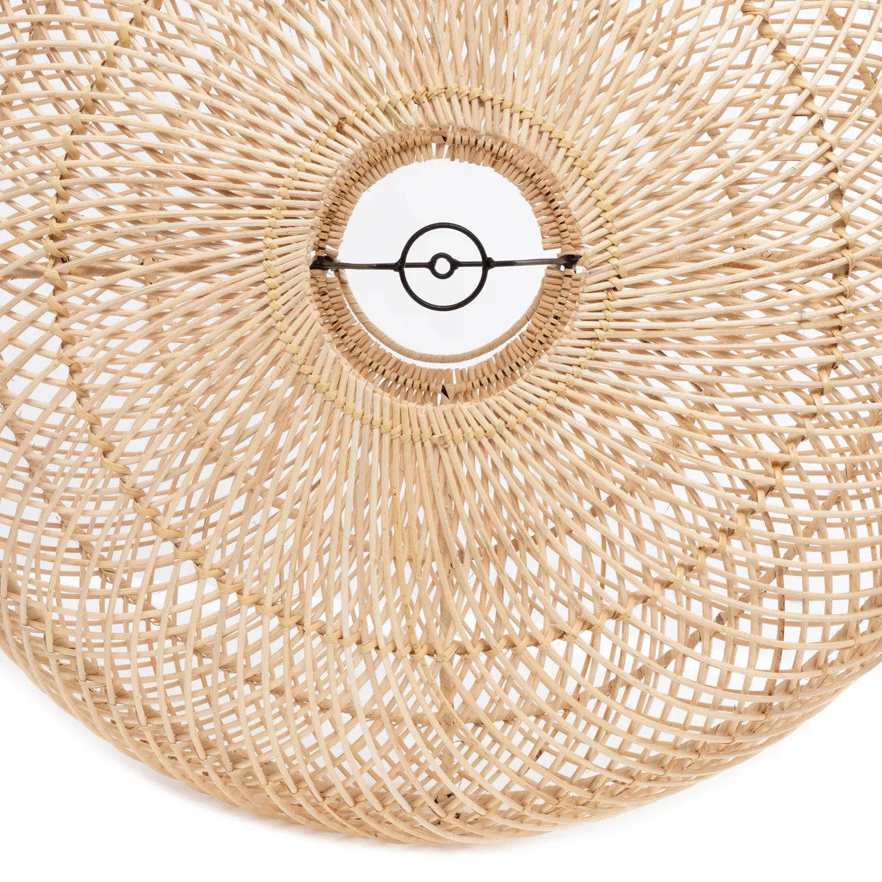 Woven wicker pendant shade with a circular design on a white background