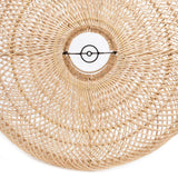Woven wicker pendant shade with a circular design on a white background