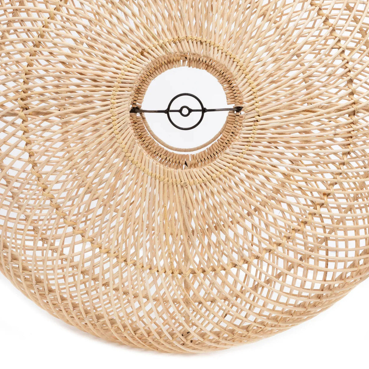 Woven wicker pendant shade with a circular design on a white background