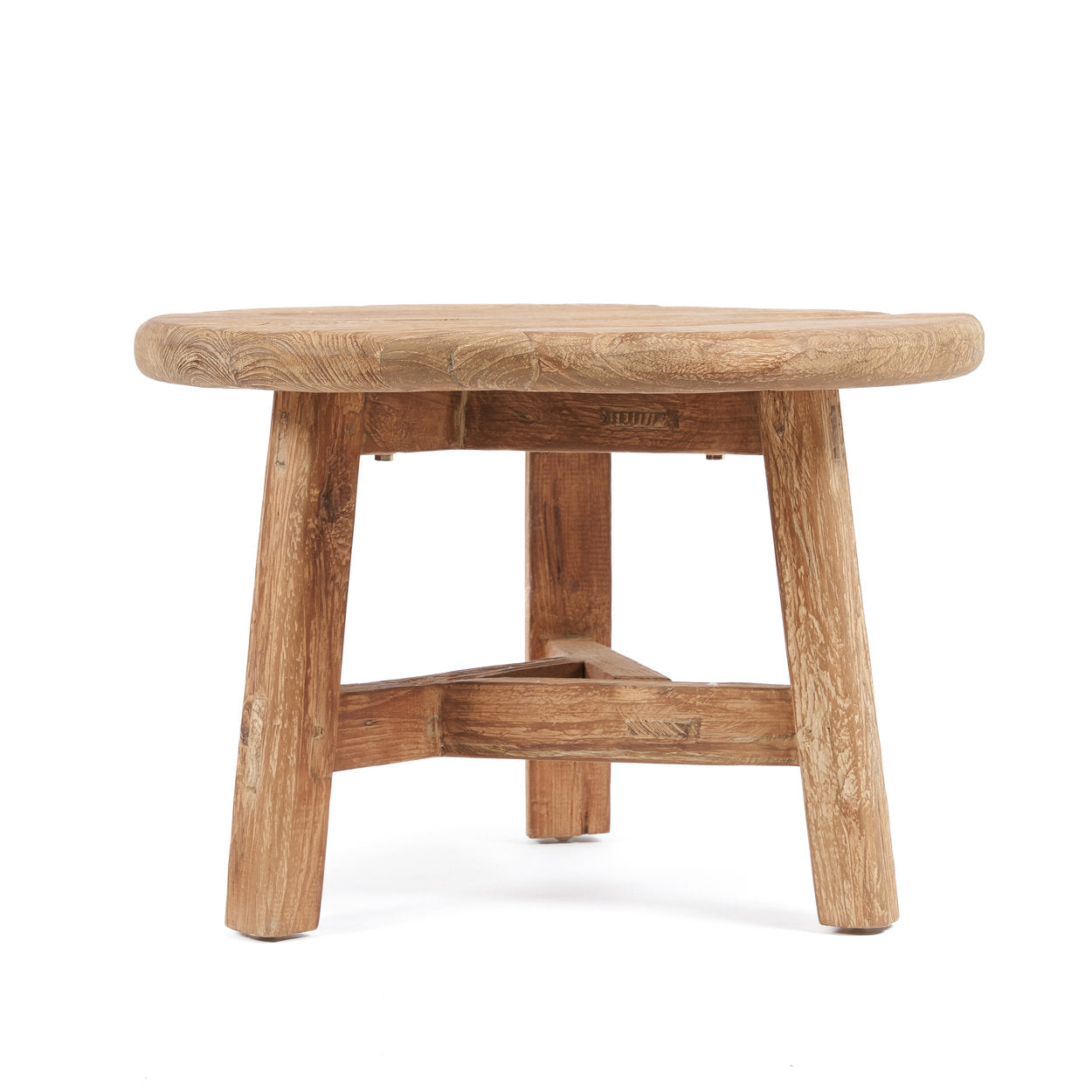 Wooden stool with a natural finish on a white background