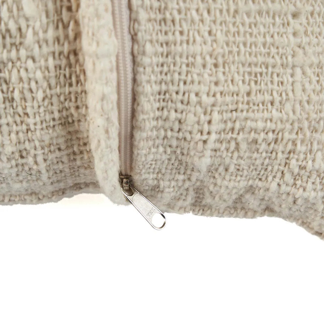 Close-up of a textured fabric with a zipper on a white background