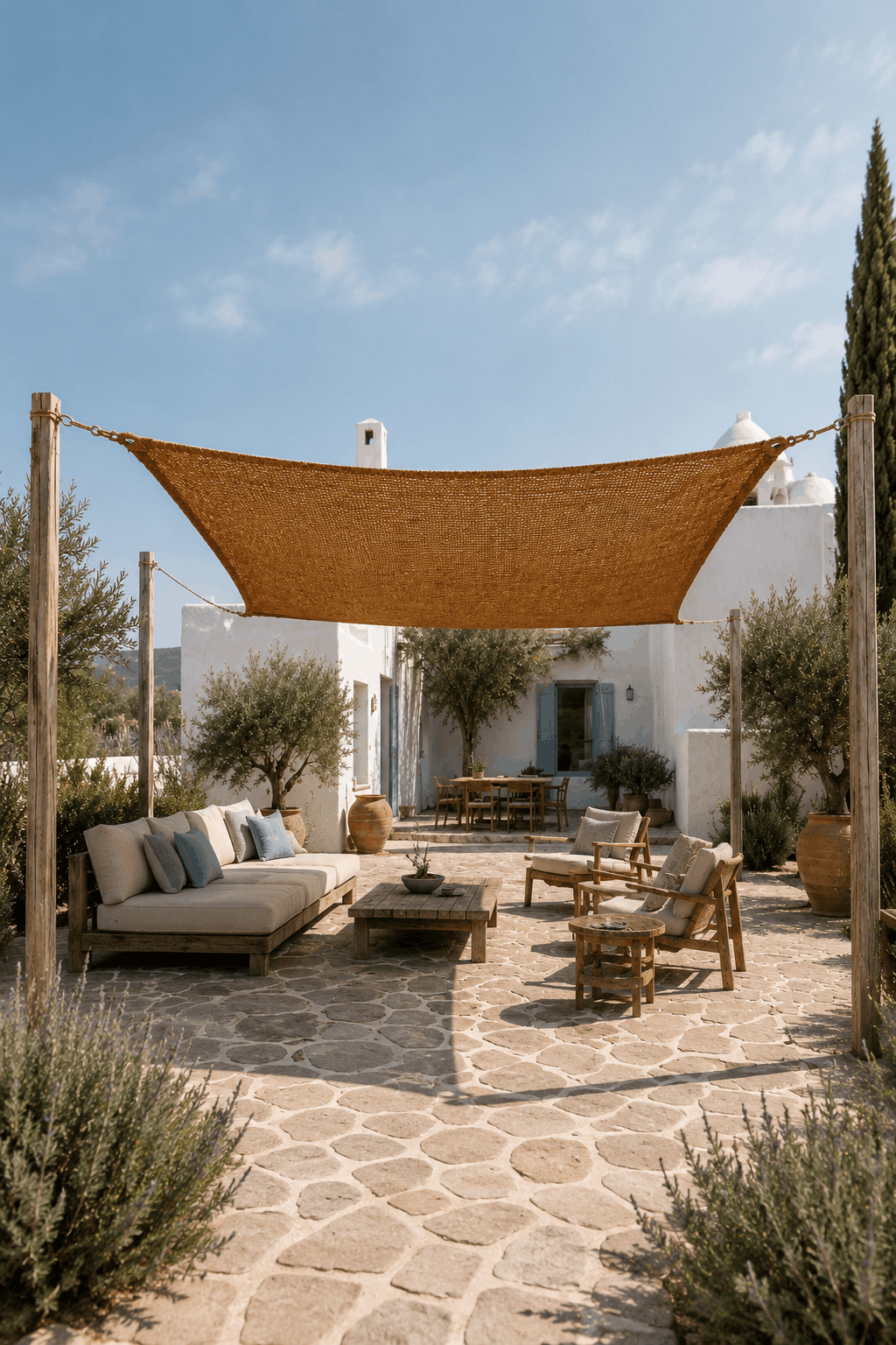 Outdoor patio with a sunshade canopy, furniture, and decorative elements on a sunny day.