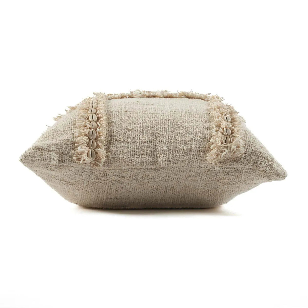 Textured beige pillow with decorative trim on a white background