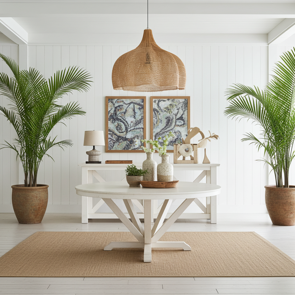 Modern living room with a  large rattan pendant light over a white table, plants, and decorative items.