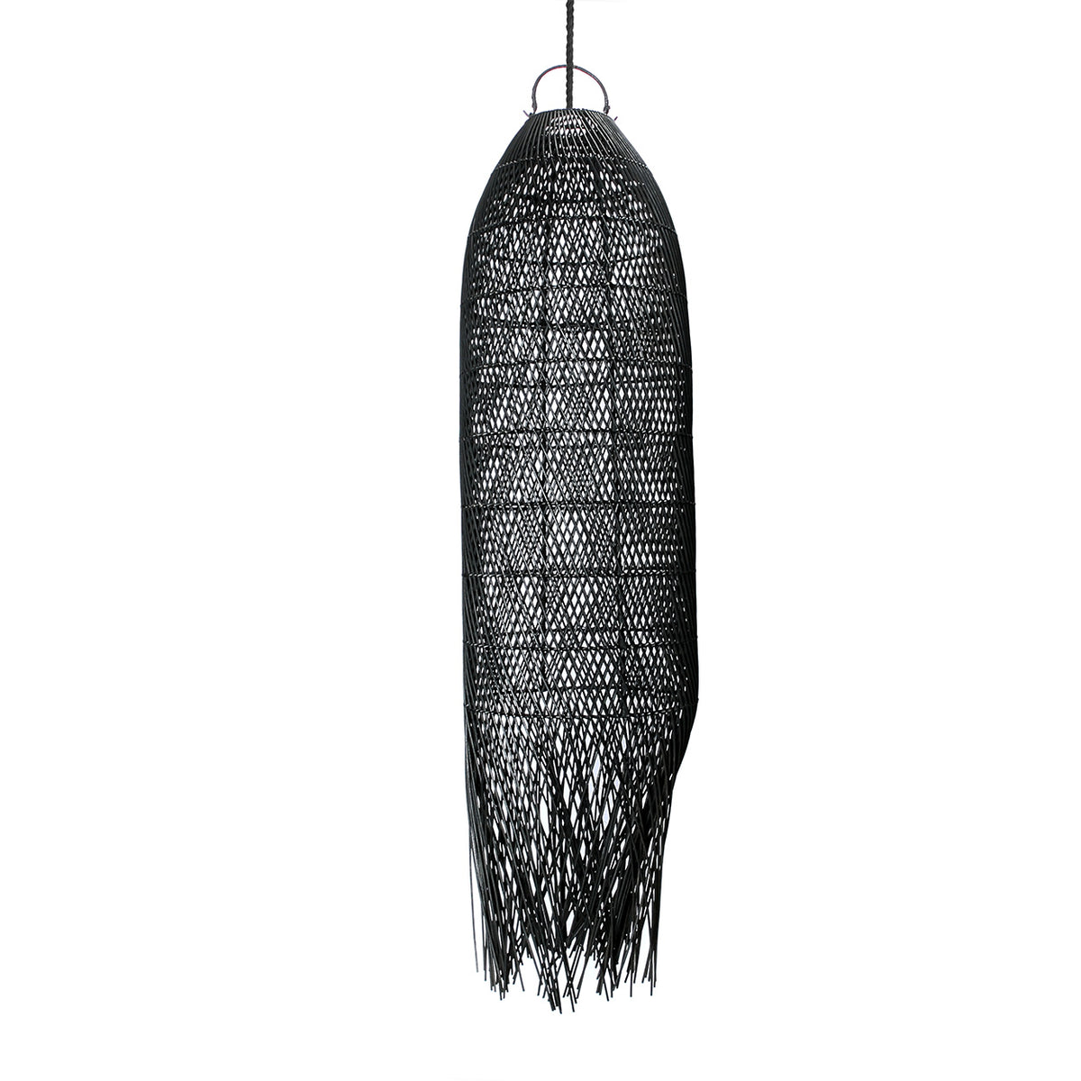 Black woven rattan large  pendant light on a white background