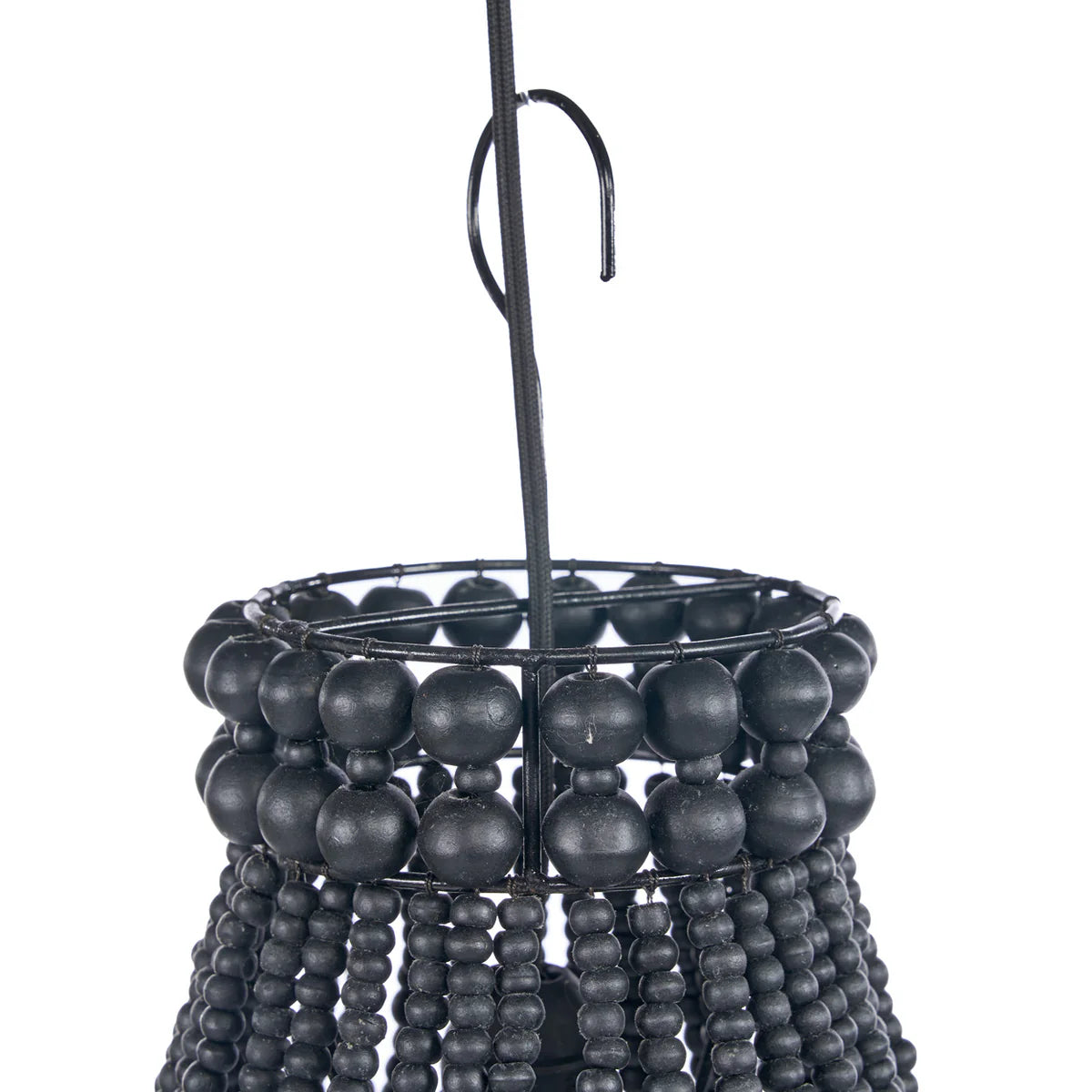 Black beaded hanging beaded chandelier pendant light on a white background