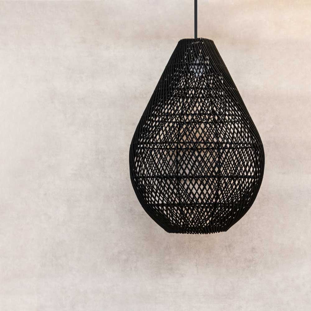 Black Rattan Pendant Light shade Teardrop Shape Medium size Flo & Joe Uk Store 