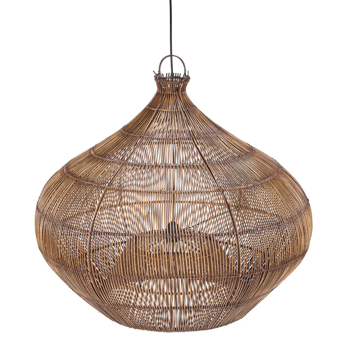 Large woven dark rattan pendant light on a white background