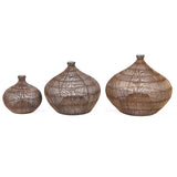 Three woven rattan vases of different sizes on a white background