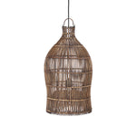 Woven wicker rattan pendant light on a white background