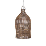 Woven wicker rattan pendant light on a white background