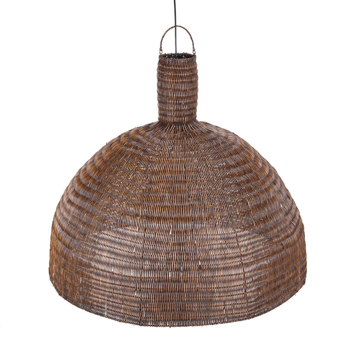 Dark woven rattan pendant light on a white background
