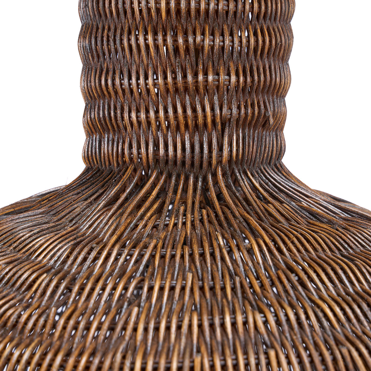 Close up of a dark wicker pendant light shadet with a white background