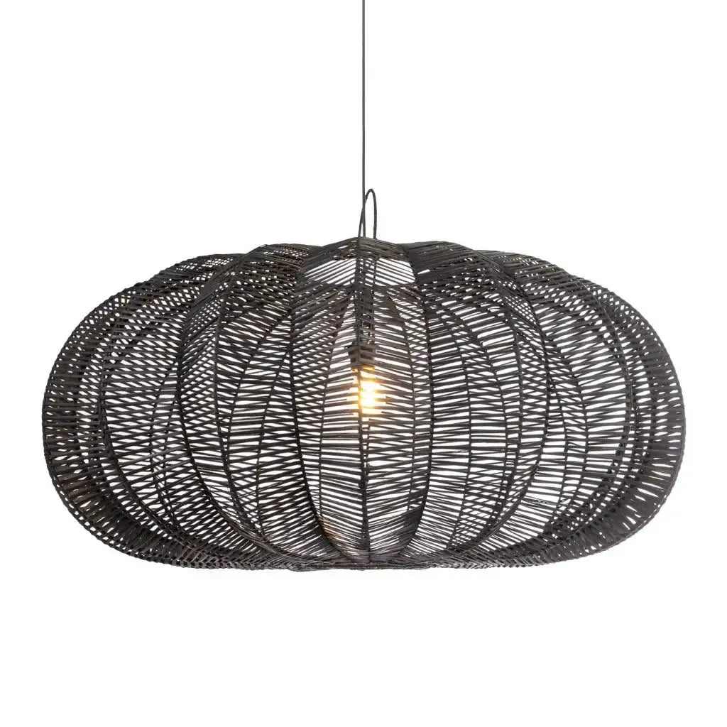 Extra large black rattan pendant light – natural round cerise shade – Flo & Joe UK