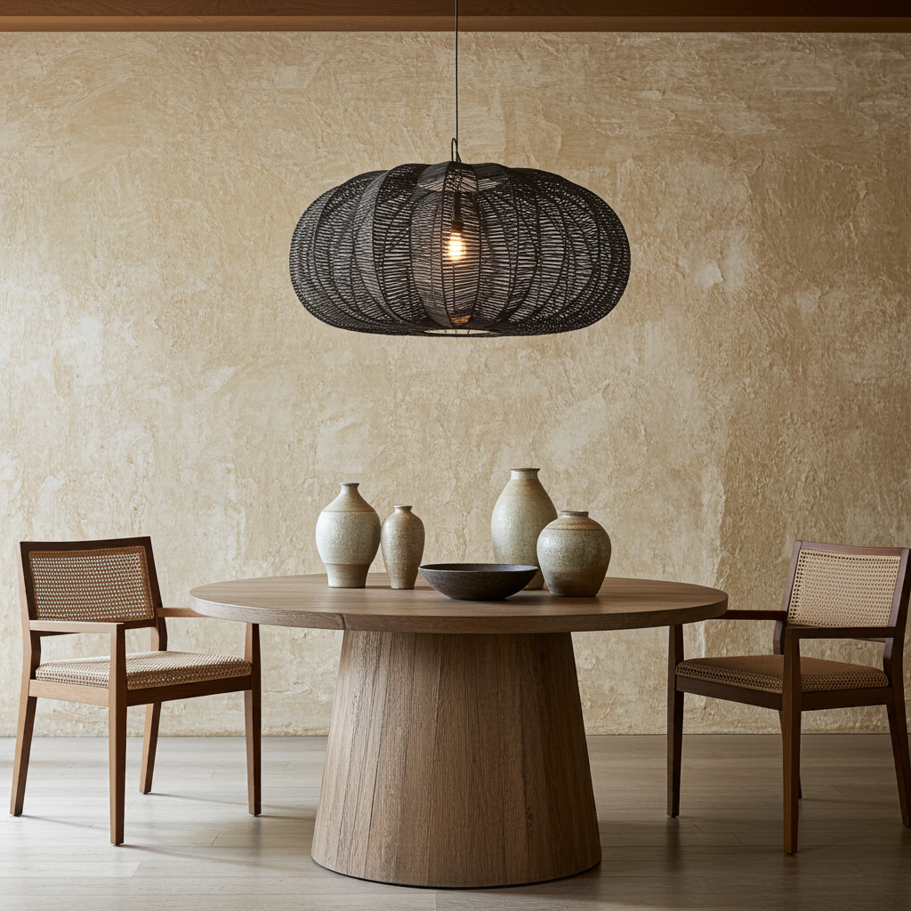 Extra large black rattan pendant light – natural round cerise shade – Flo & Joe UK