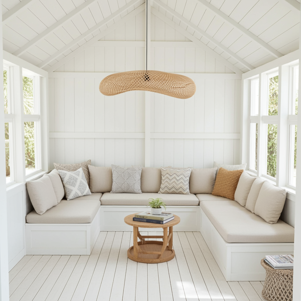 The Extra Large Wave Rattan Pendant Shade - Natural - Extra Large - in living room - UK - Flo & Joe