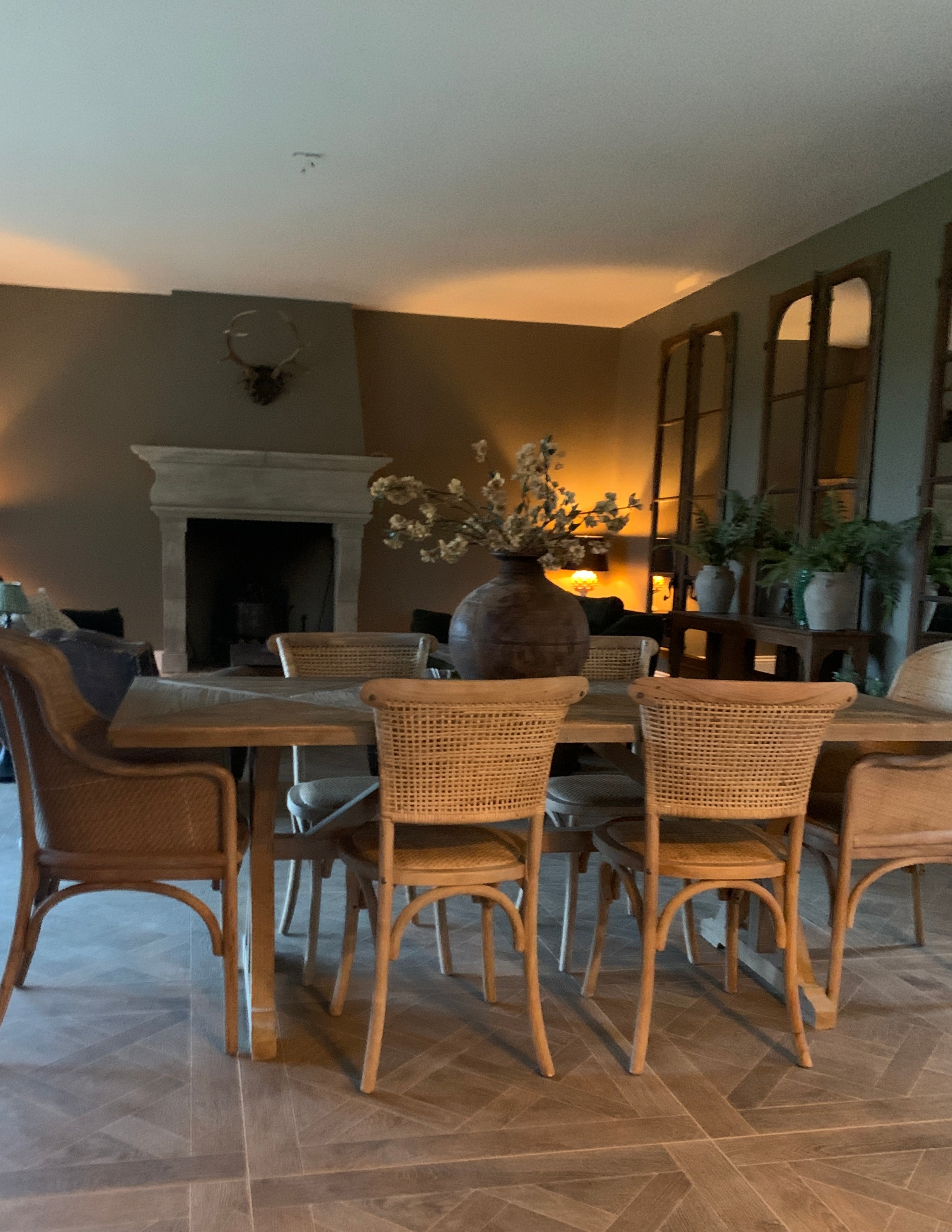 Dining room with wooden table and rattan wicker dining chairs, fireplace, and plants.