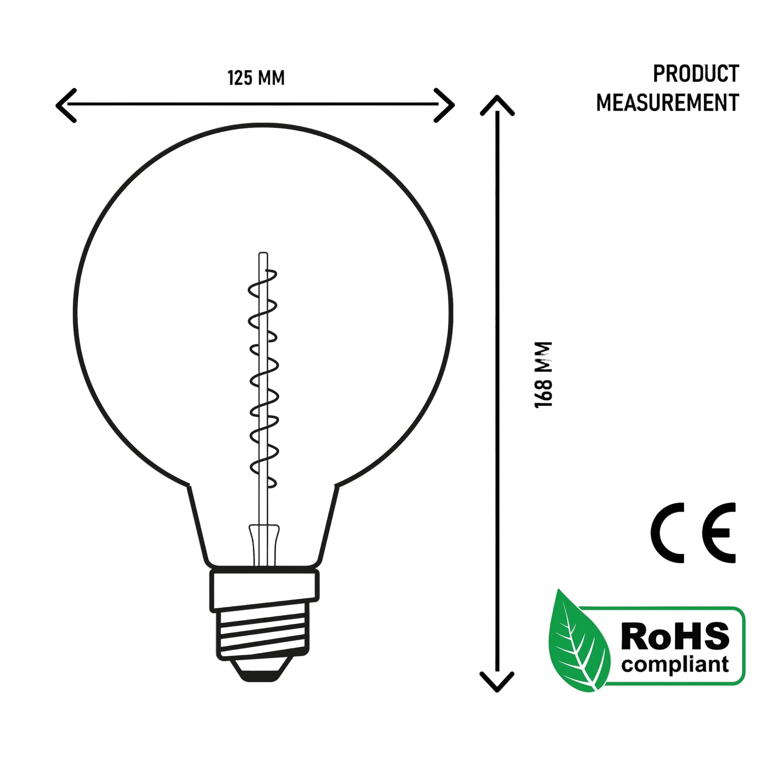 Measurement chart of a light bulb with dimensions and RoHS compliance label.