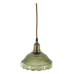Green glass pendant light with brass fitting on a white background