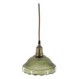 Green glass pendant light with brass fitting on a white background