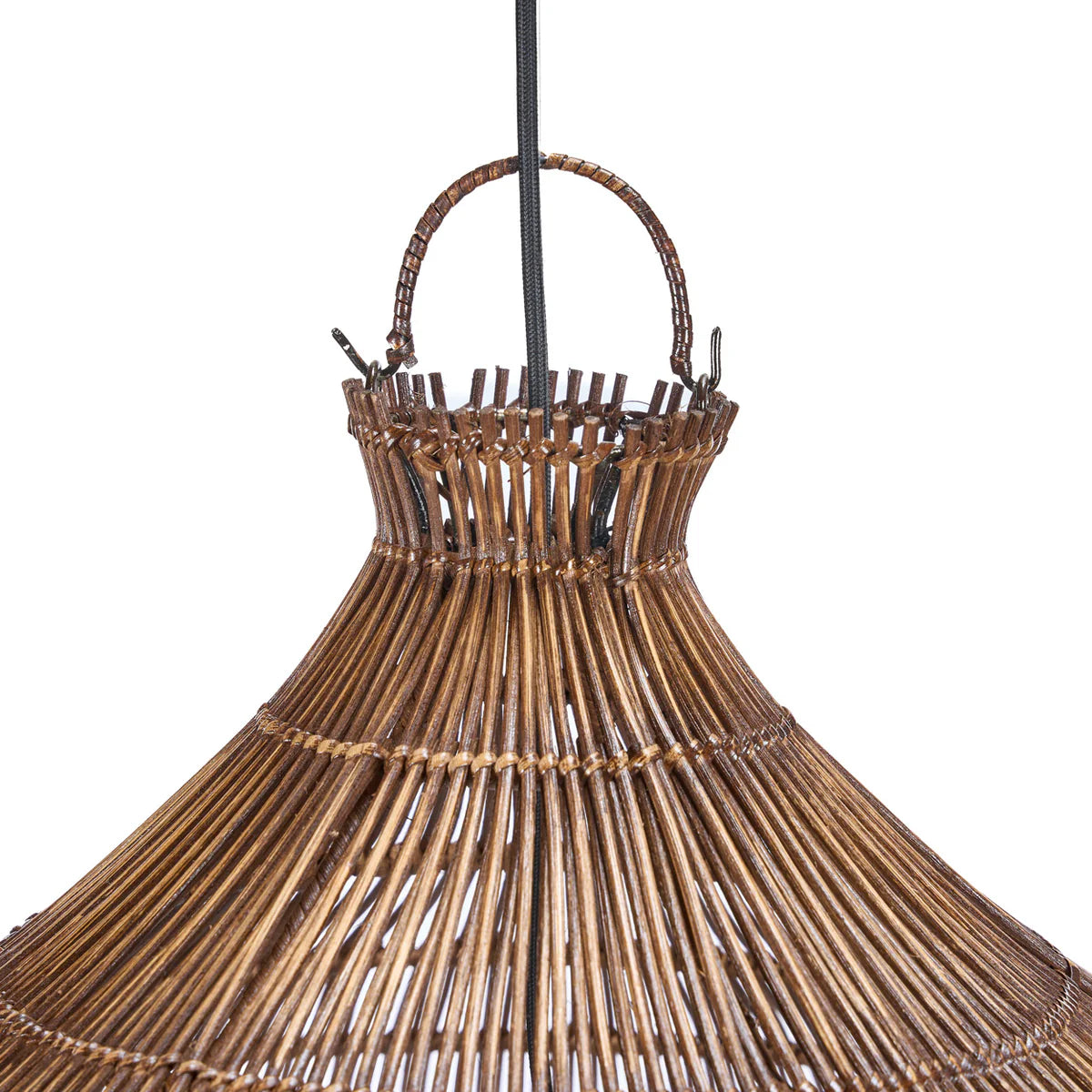 Dark rattan large wicker pendant light on a white background