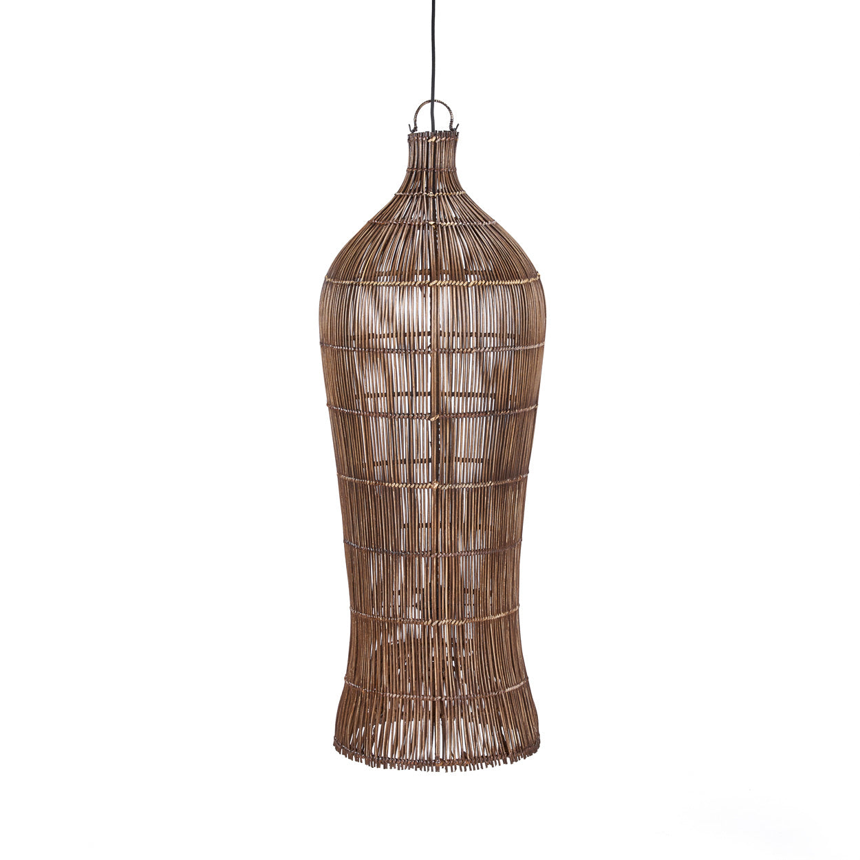 large, tall ,Woven dark, almost black,rattan pendant light on a white background