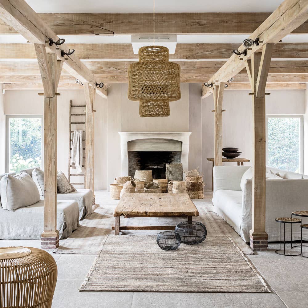 The Large Lombok Rattan Light Shade - in a modern rustic living room -Flo & Joe