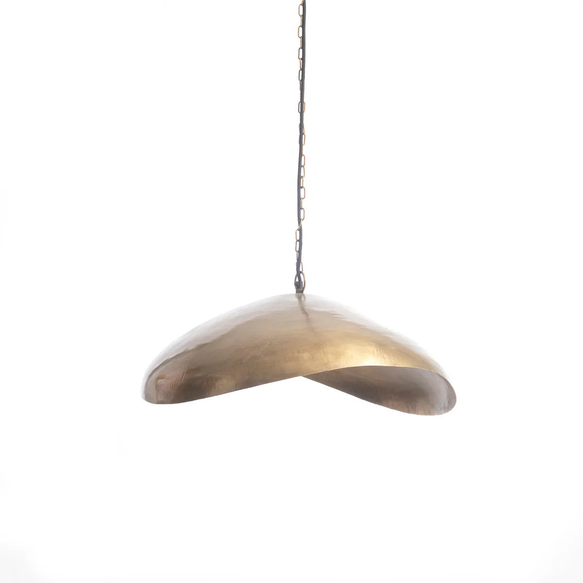 Extra large brass pendant light hanging against a white background